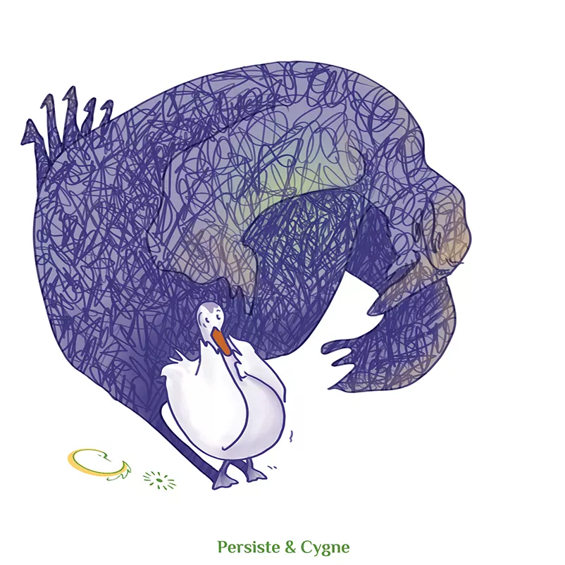 Un cygne est terrorisé par sa propre ombre - Emotions peur et phobies - illustratrice d'oiseaux - LLetC pour Persiste et Cygne