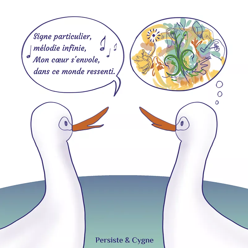 Un cygne récite un poème à un cygne qui voit des couleurs en l'écoutant - Synesthésie - illustratrice d'oiseaux - LLetC pour Persiste et Cygne