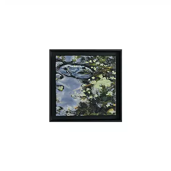 tableau carré aspect abstrait, une grenouille se cache dans l'eau au milieu des plates aquatiques