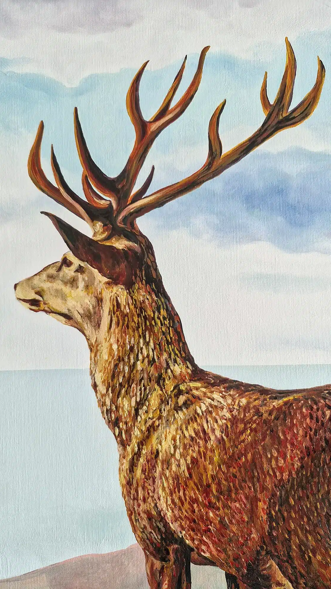 détail tableau avec cerf dans les tons chauds regardant vers l'horizon de la mer