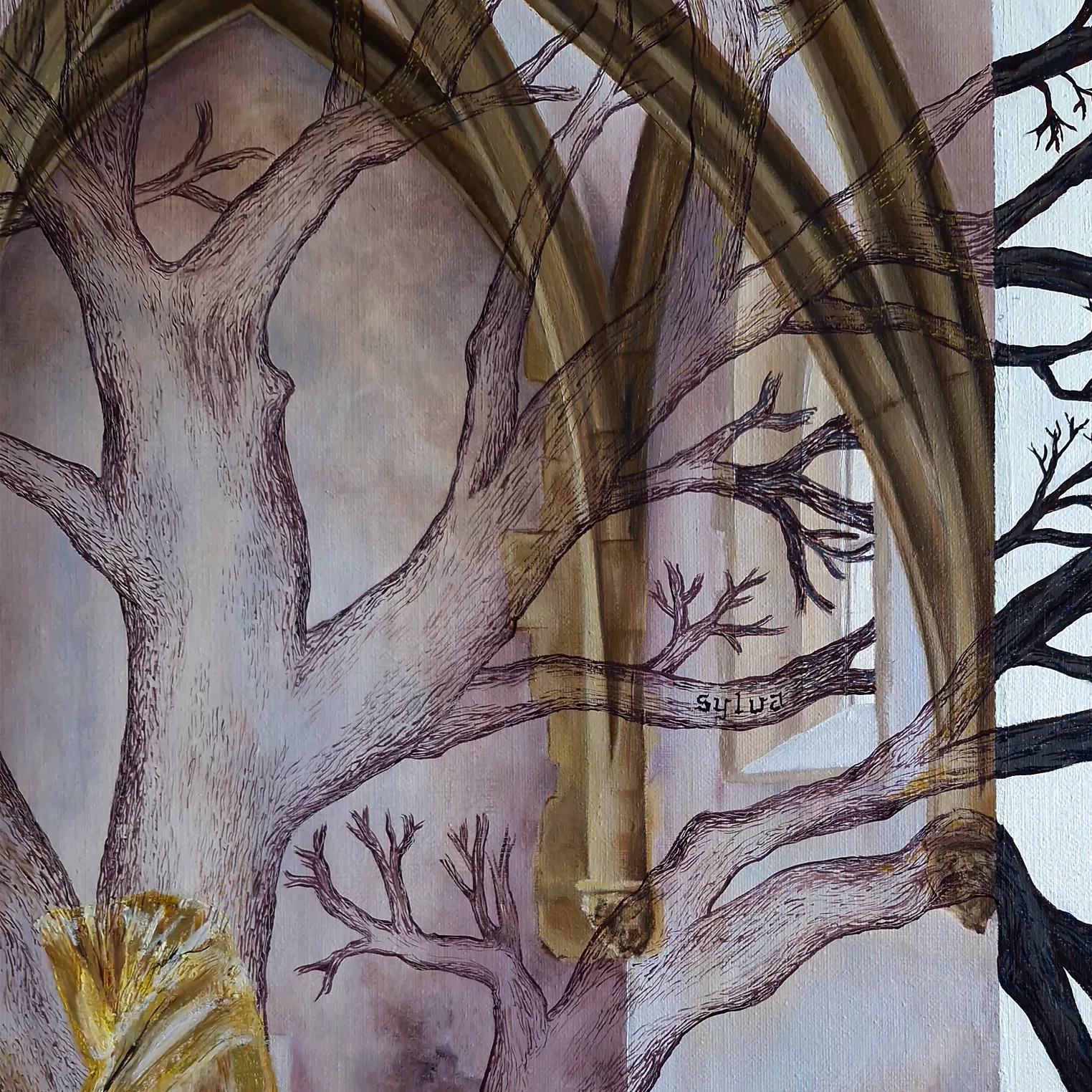 détail 4 tableau "protectus" branches "sylva" sortant par le vitrail de la chapelle tête dorée de moniale