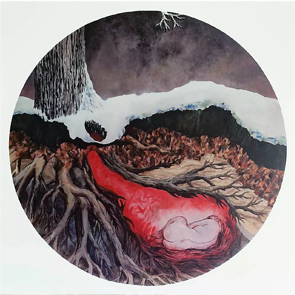 peinture strates du sol en hiver avec tronc d'arbre et ses racines, femme endormie dans une sorte de terrier