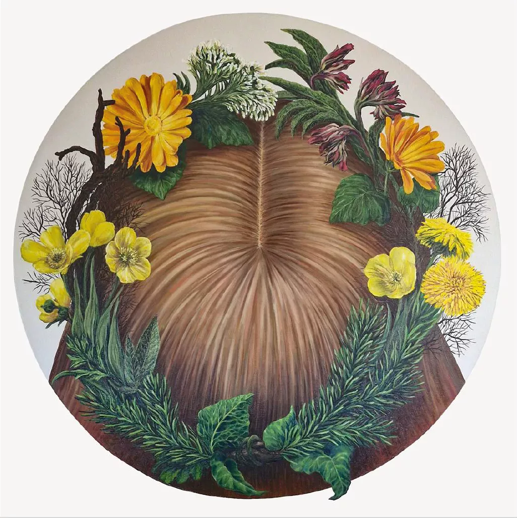 peinture d'une chevelure en contre plongé avec couronne de végétaux et fleurs