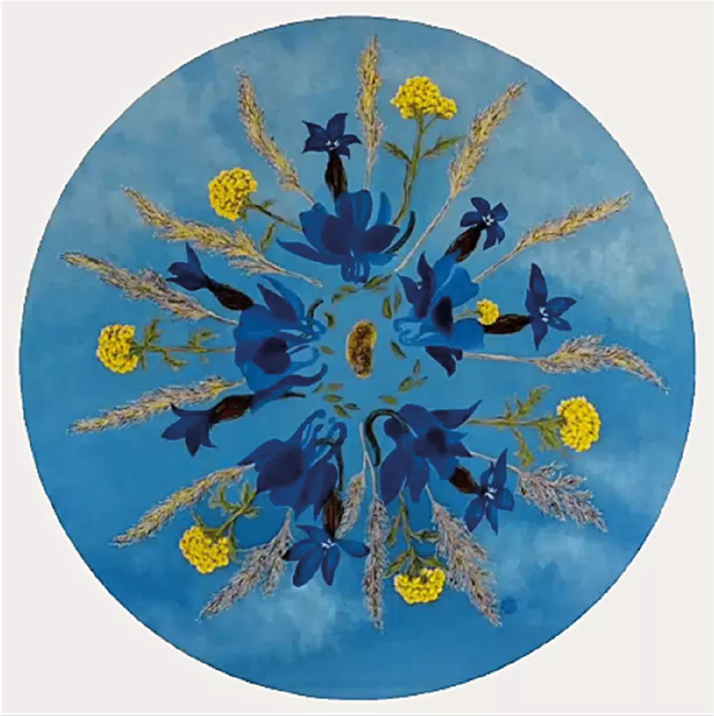 peinture disque de ciel bleu, fleurs et graminées comme mandala qui rayonne, au centre une graine