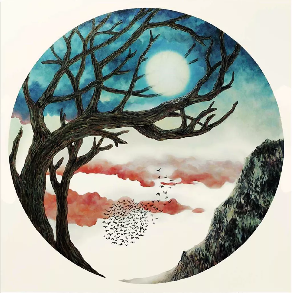 peinture yin yang revisité avec arbre mort courbé, soleil au travers, et nuée d'oiseaux en cercle ciel coloré hivernal