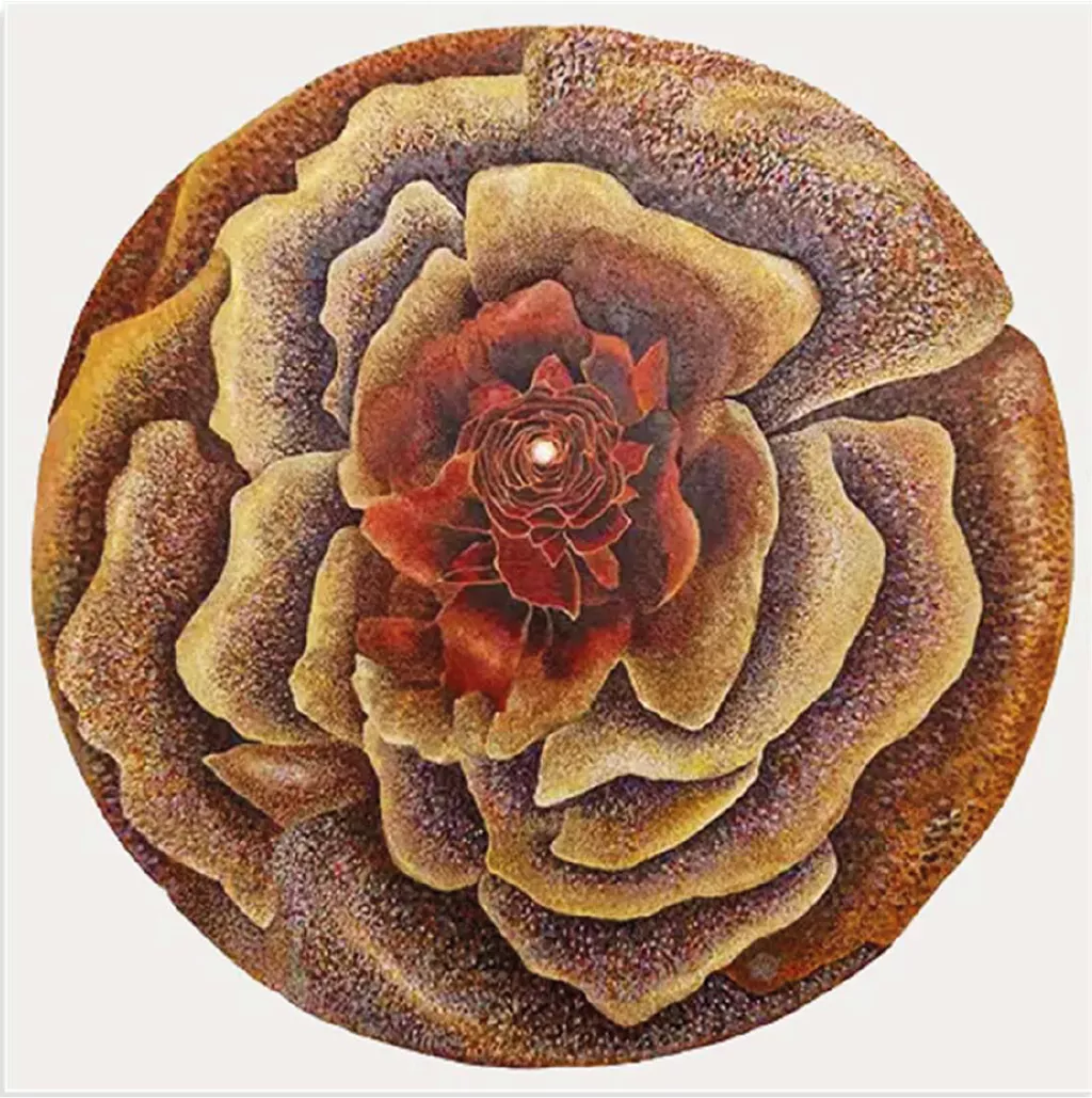 peinture effet pointilliste d'une rose rouge faite de pétales évoquant matière rose des sables