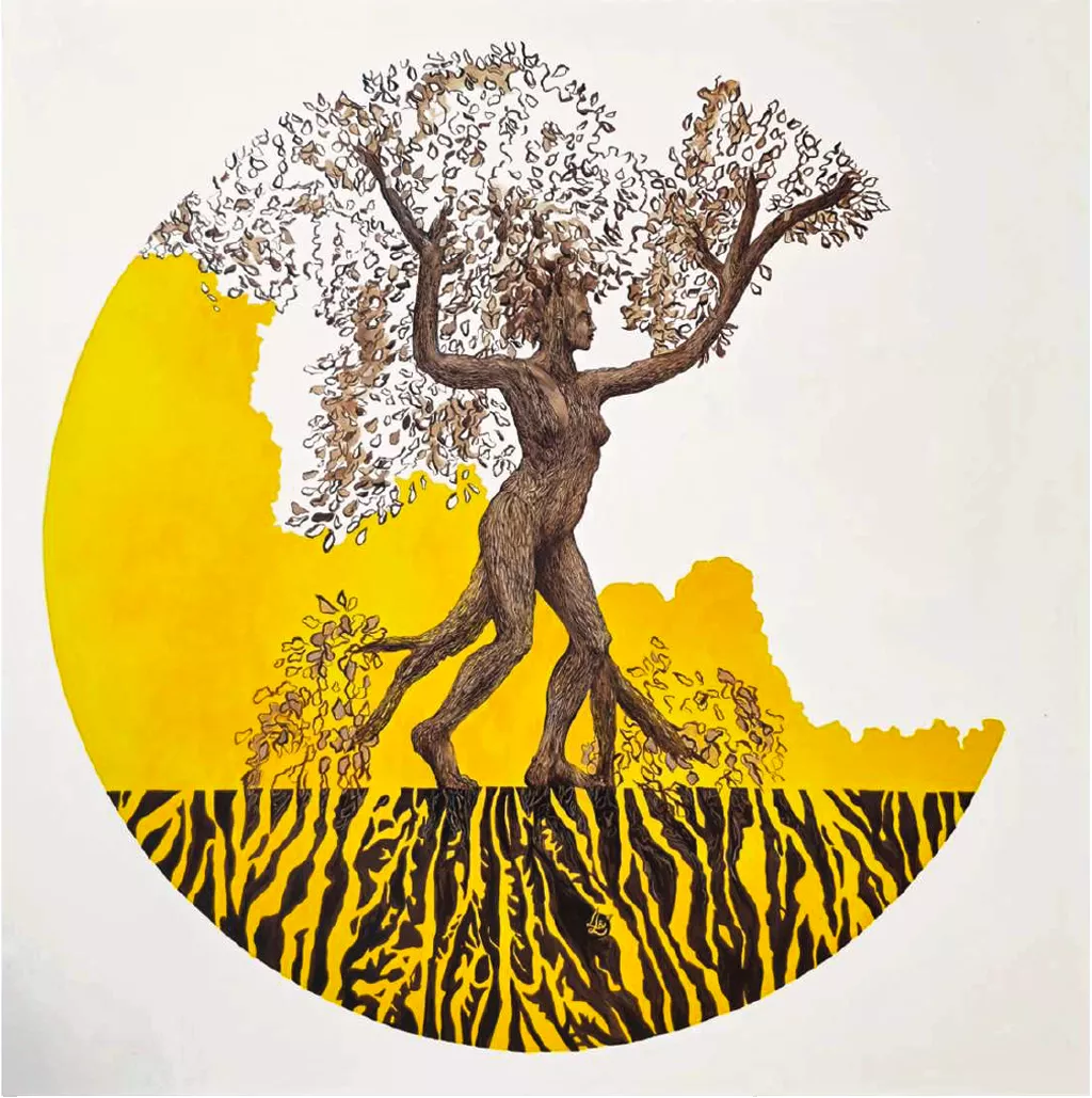 peinture femme arbre marchant de profil avec branches et racines marrons et fond jaune découpé